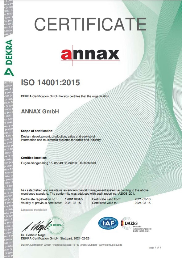 Certificate ISO 14001 ANNAX