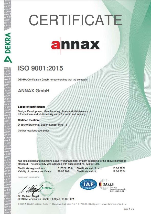 Certificate ISO 9001 ANNAX
